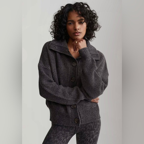Varley Sweaters - Varley Elwood Knit Jacket Dark Gray Chunky Knit Cotton Cardigan Sweater Small